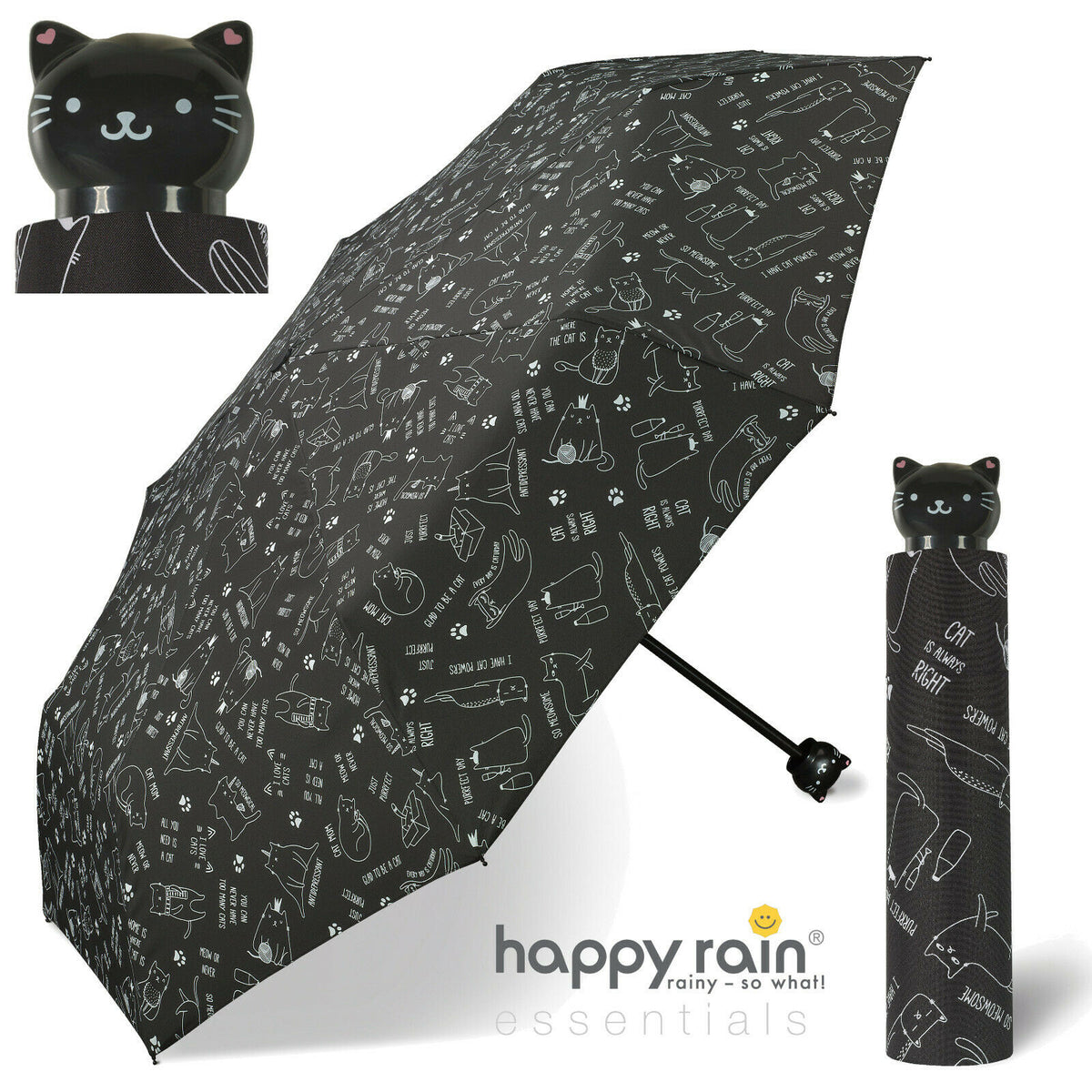 Happy Rain Taschenschirm Katze – Super Mini mit Katzenkopf-Griff & Katzensprüchen