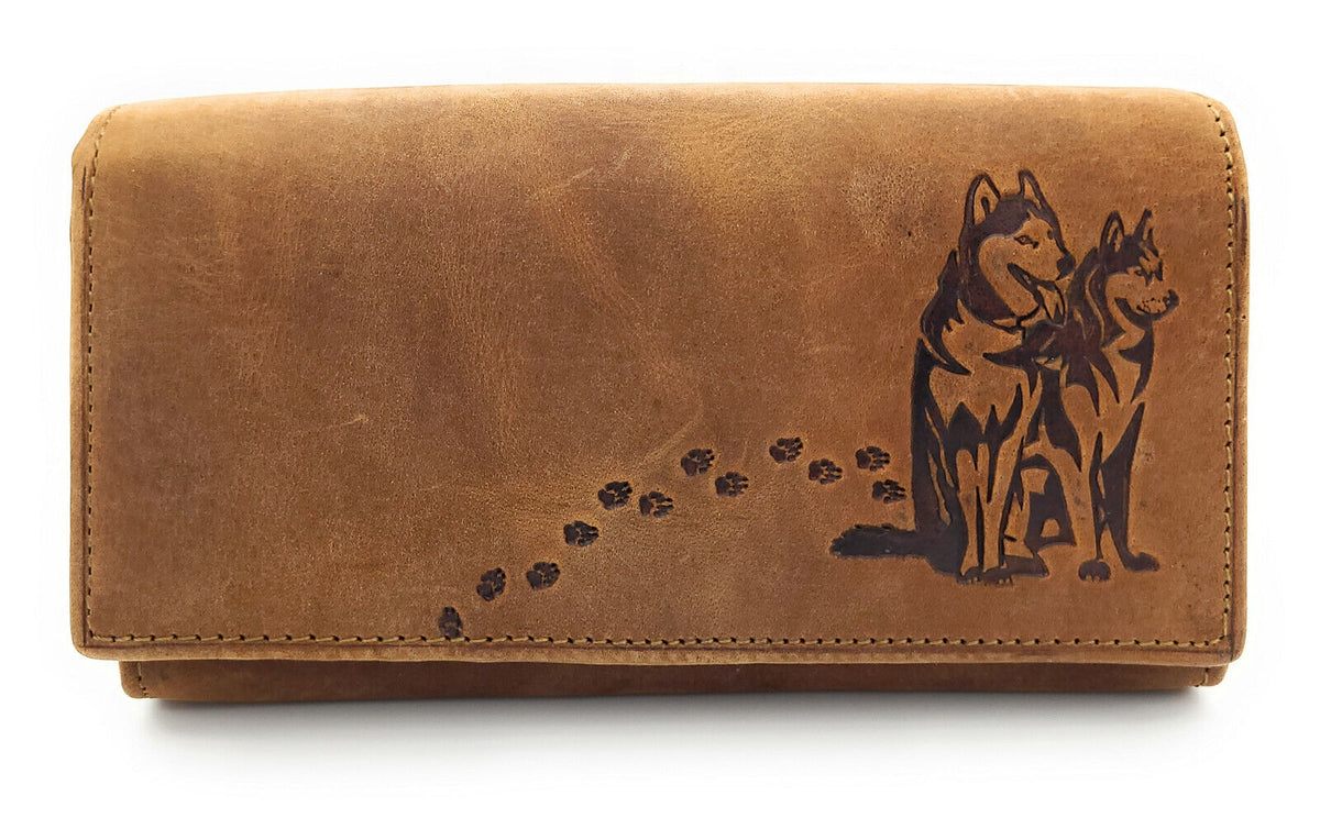 Jockey Club echt Leder Damen Geldbörse Portemonnaie Huskies Husky Hunde mit RFID NFC Schutz braun