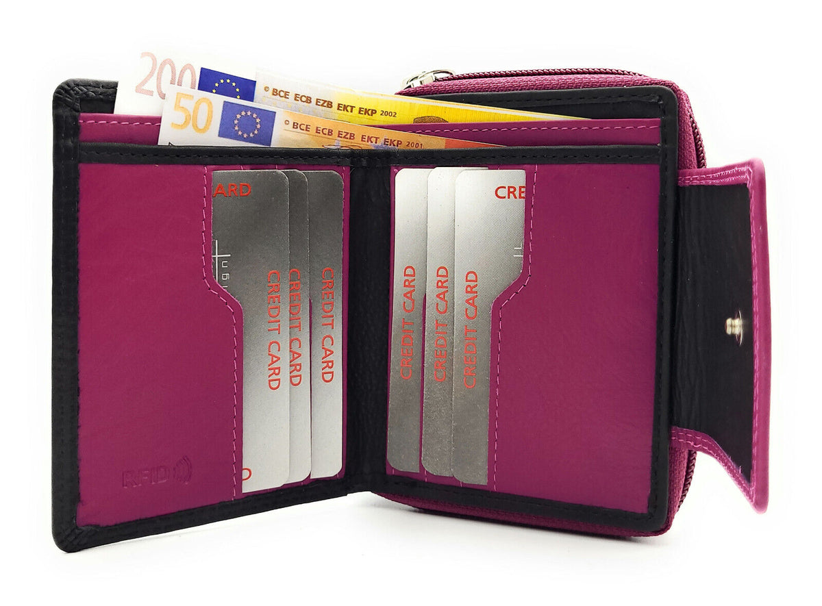 Jockey Club echt Leder Damen Geldbörse Portemonnaie mit RFID Schutz schwarz pink